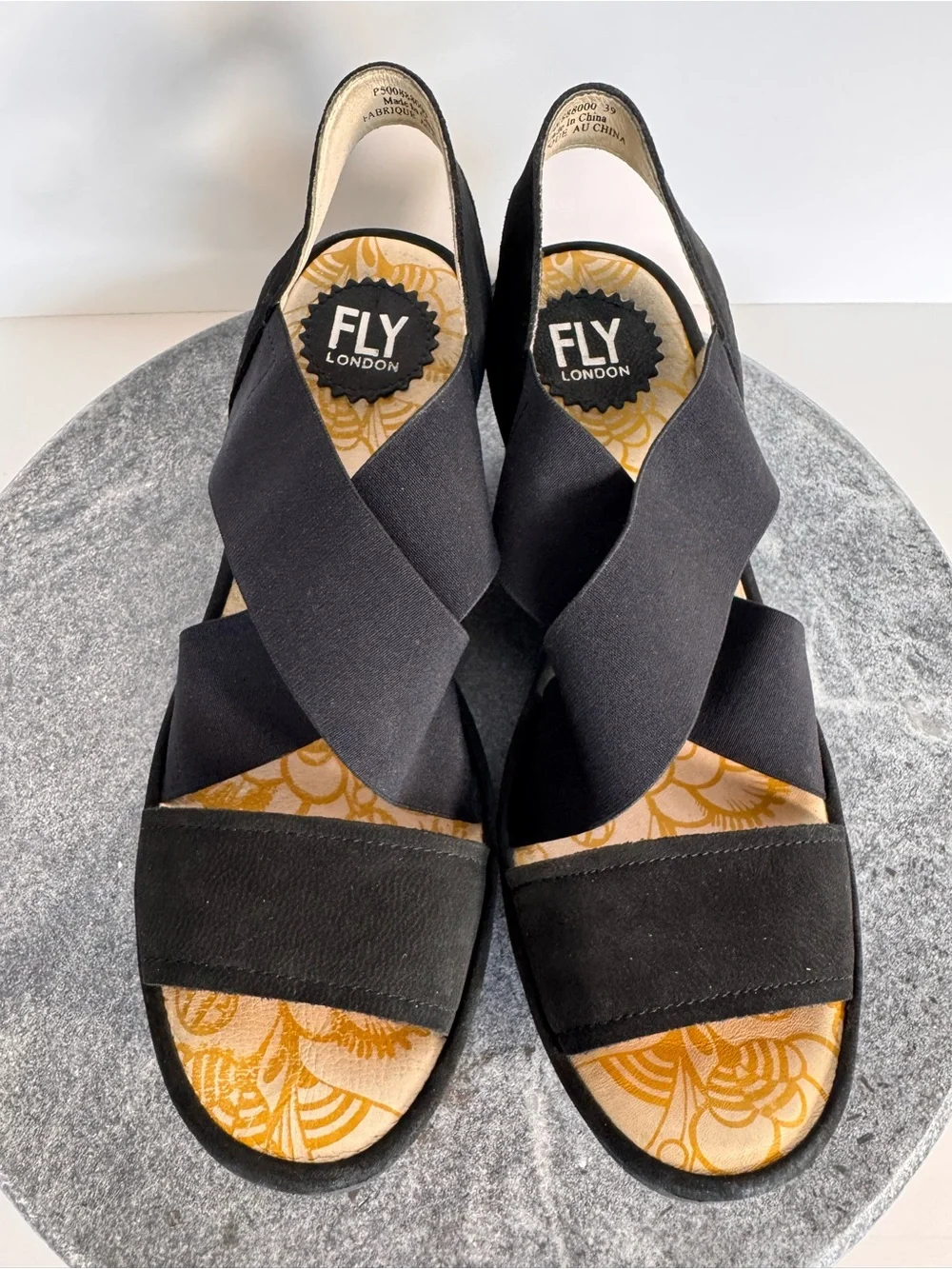 Fly London Yaji Black Leather Wedge Heels Sandals 39